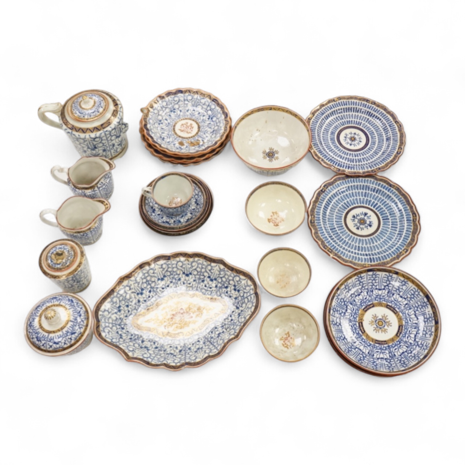 A collection of Worcester Royal Lily pattern tea, coffee and dessert wares and two similar dishes, late 18th/early 19th century